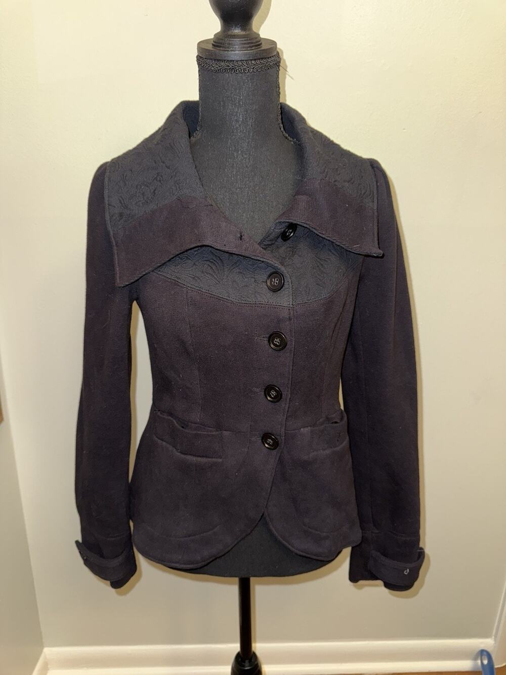 Free People Jacket Womens Size 8 Black Knit Textured Button Boho Blazer Coat